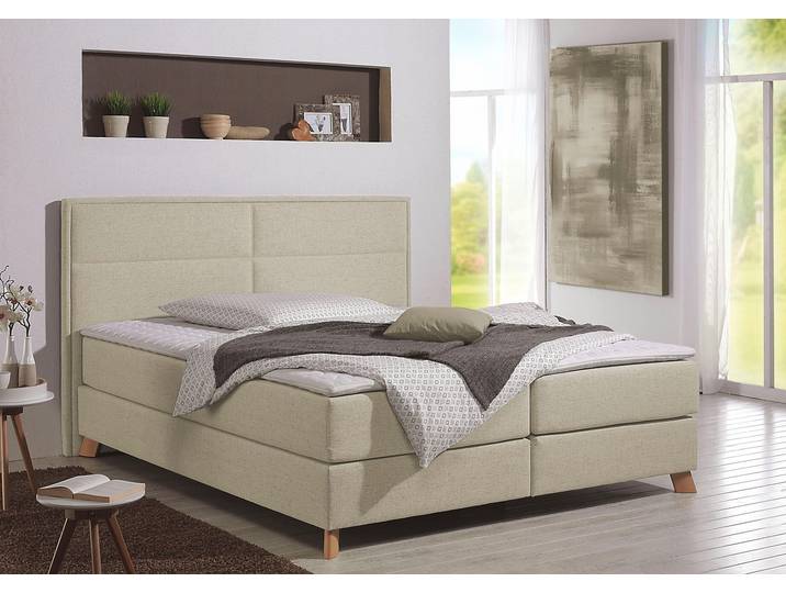 Boxspringbett, Strukturstoff, Beige, 191×209 cm, Mit Topper, Modern, Home Affaire