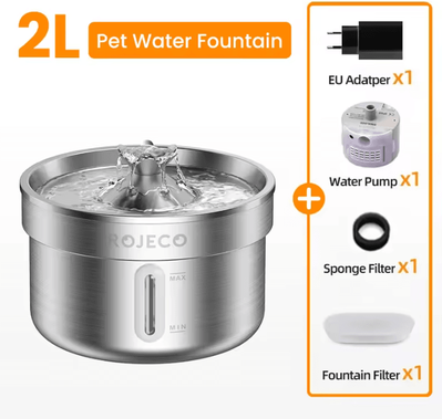 Inspire Curations FreshFlow ROJECO Stainless Steel Cat Water Fountain eu Adapter 2l