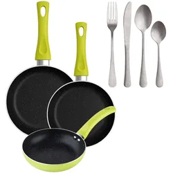 BERGNER - Set aus 3 Pfannen Ø20/Ø24/Ø28 cm gepresstes Aluminium Molen Grün 16-teiliges Besteckset aus Edelstahl