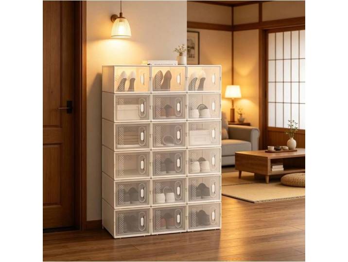 Meuble rangement chaussures 18 boîtes à chaussures empilables ouverture frontale transparent et blanc plastique ORVRYN