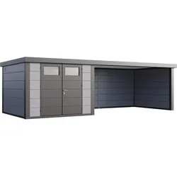 Telluria Metallgerätehaus Classico 3030 mit Lounge Anbau (ca. 450 cm Breite) lichtgrau Lounge-Anbau rechts