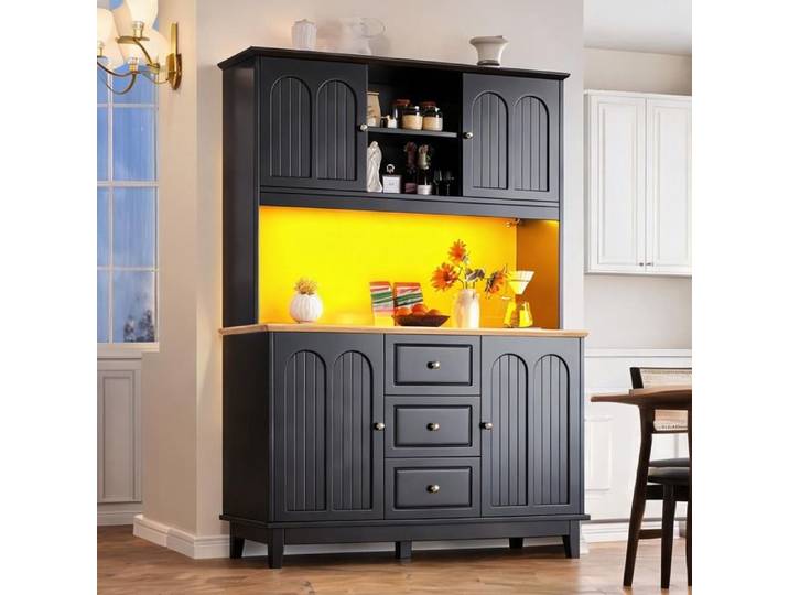 Buffet haut rectangulaire en MDF noir et naturel éclairage LED intelligent par application 120x40x180 cm
