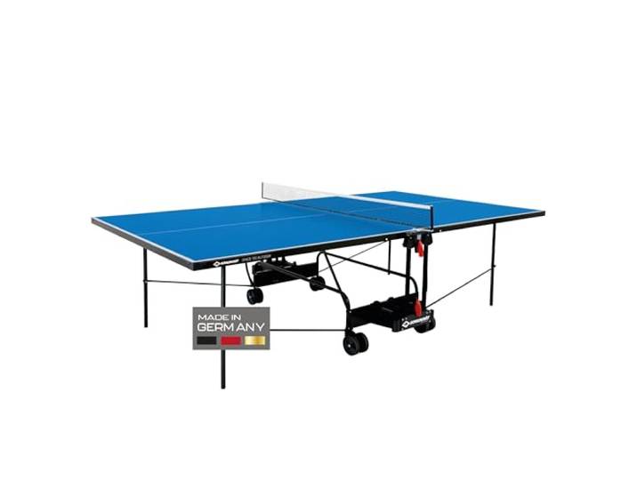 Schildkröt Tischtennisplatte Space Tec Outdoor, Outdoor Kompakttisch, wetterfeste 4mm Melaminharzplatte, Blaue Oberfläche, schwarzes Untergestell, klappbar und durch Räder leicht fahrbar