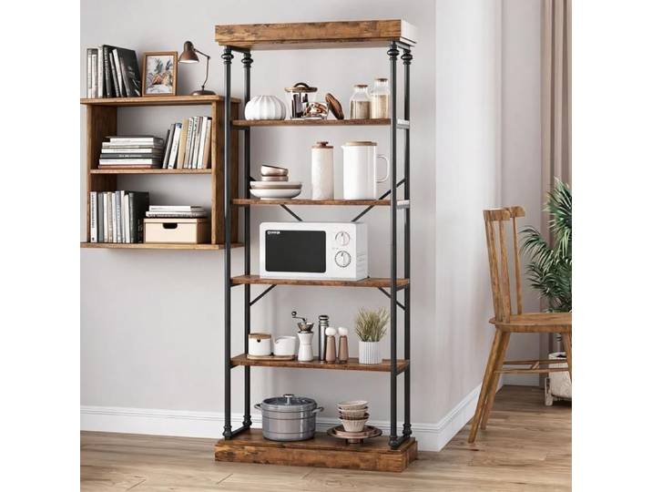 JoyGarden Bibliothèque industrielle 6 niveaux 190 cm étagère haute ouverte bois & métal noir - style rustique vintage Rétro