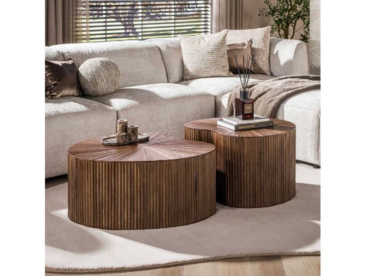 Maison ESTO Couchtisch Wohnzimmertisch MAYANO 2er Set organisch Massivholz Espresso Braun (2 Couchtische in unterschiedlichen Größen), Organisches Design Flexibel kombinierbares 2er Set