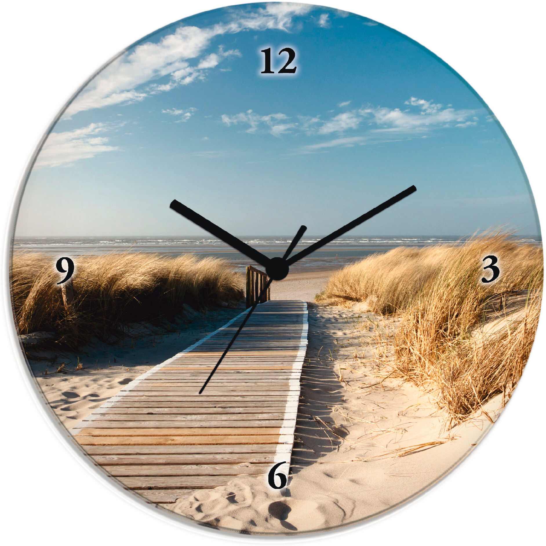 Wanduhr ARTLAND "Nordseestrand auf Langeoog - Steg", beige (natur), T:1,8cm, Wanduhren, Wanduhr, wahlweise mit Quarz- oder Funkuhrwerk, lautlos ohne Tickgeräusche natur Ø 30cm, Quarzuhr
