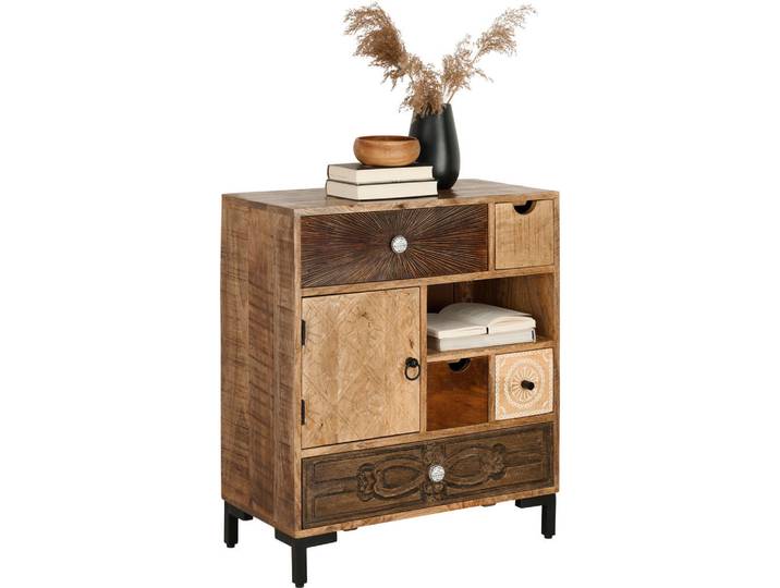 Landscape Kommode, Braun, Hellbraun, Metall, Mangoholz, vollmassiv, Holzoptik, 5 Schublade(n) Schubladen, 70x80x35 cm, Kleinmöbel, Kommoden, Kommoden