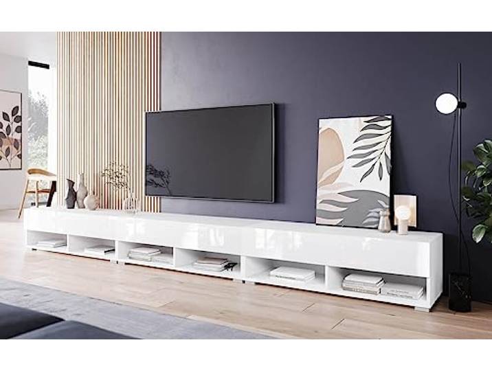 MINIO go for it - Lowboard TV-Schrank 100x30x33cm, Türen und Regalen Offene Nischen Laminierte Spannplatte Praktisch und Funktionell Weiß Matt und Weiß Hochglanz