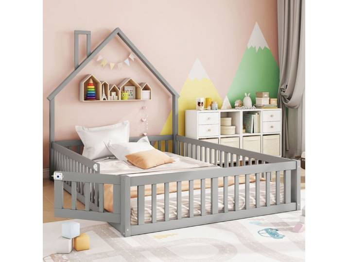 Lit cabane enfant - SOGEU - 140x190 - Bois pin massif - Sécurité renforcée - Cheminée décorative