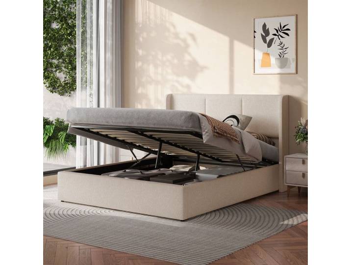 Luscriate - Lit coffre lit capitonné 160x200 cm Lit double avec coffre hydraulique cadre silencieux - MDF - Beige