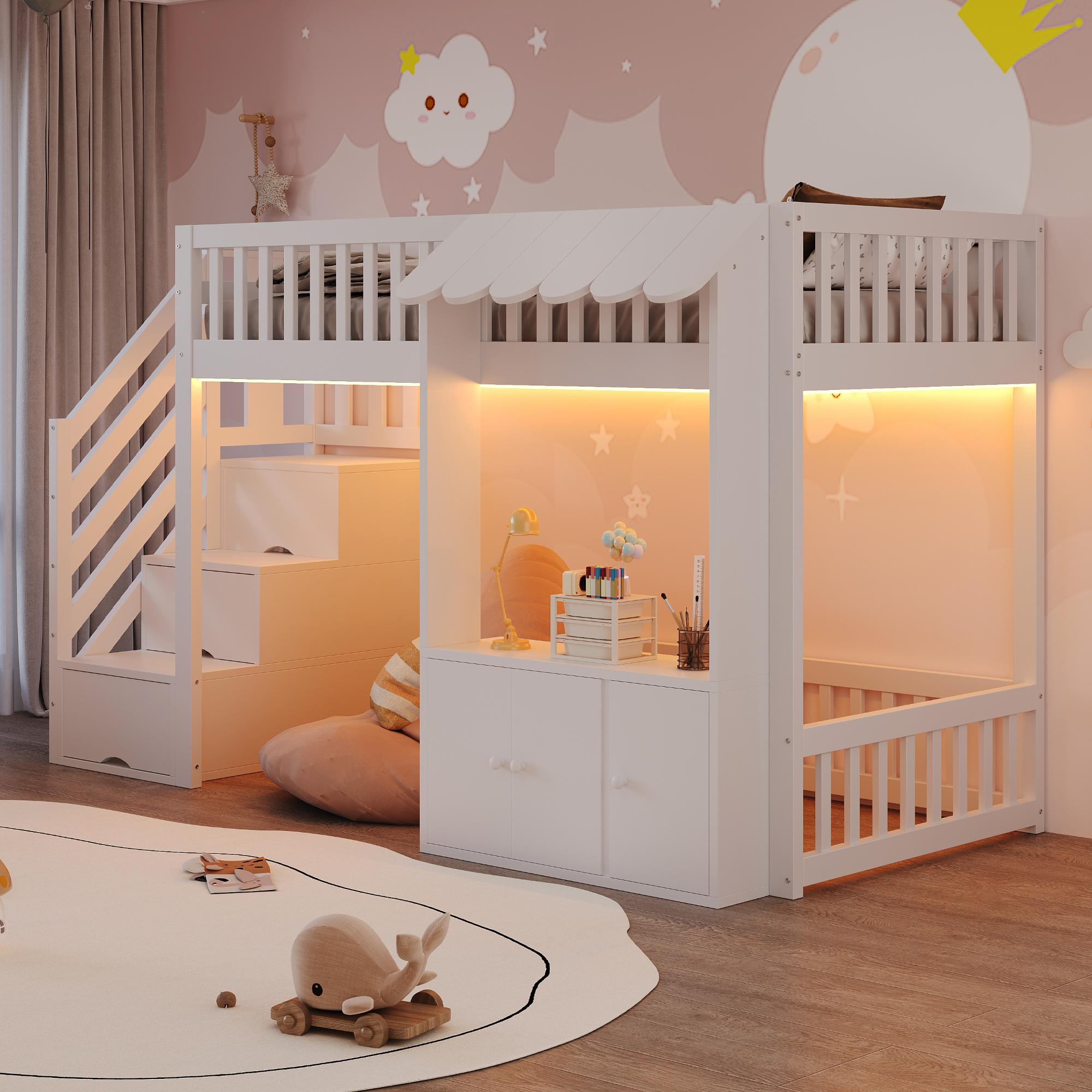 okwish Hochbett Bettgestell 90x200 mit Stauraumtreppe und LED-Lichtleiste,Kinderbett mit Dachvorsprung Kinderzimmer Massivholz,Weiß(ohne Matratze)