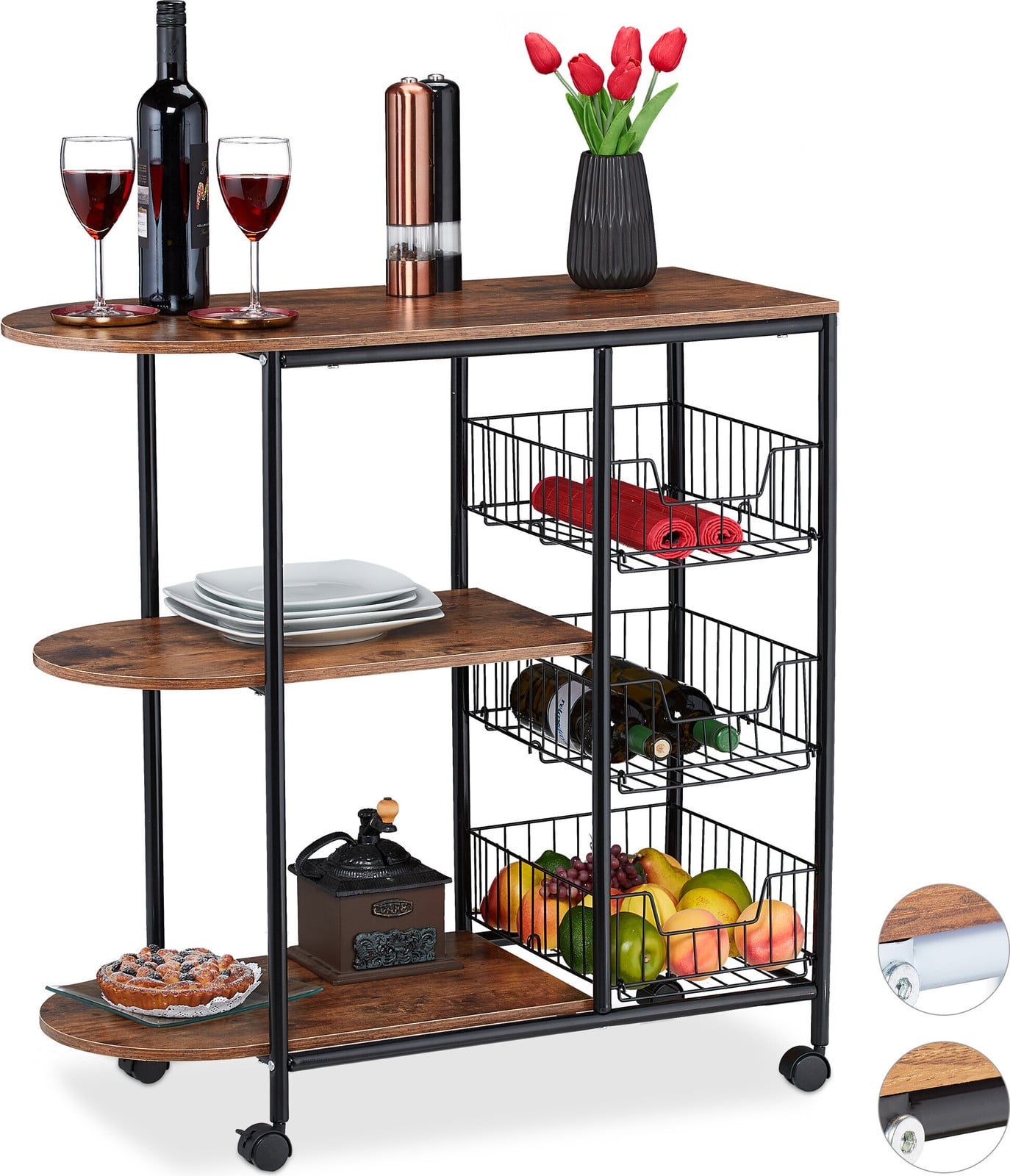 Relaxdays serveerwagen met 3 plateaus en 3 manden in industriële stijl met zwenkwielen