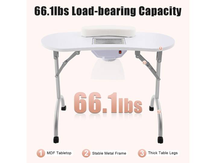 Table de manucure professionnelle pliable avec ventilateur, rose/noir/blanc, station de beauté portable à roulettes pour salon de manucure et domicile