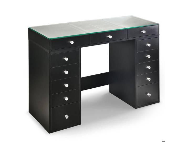MENZZO Coiffeuse moderne avec 13 tiroirs et plateau en verre transparent L120cm Probeauty Noir