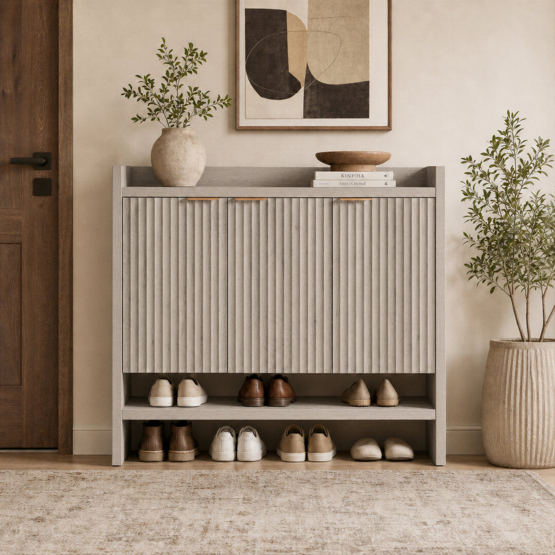 Union Rustic Nicolee 30 Pair Shoe Storage Cabinet Greige Oak 30