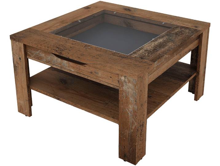 Couchtisch BYLIVING RALPH , braun (old wood (altholz, optik), old wood (altholz, optik)), B:67cm H:43cm T:67cm, Tische, Couchtisch, Artisan Eiche, Old Wood oder weiss, 1 Schubkasten, Glaseinlageplatte
