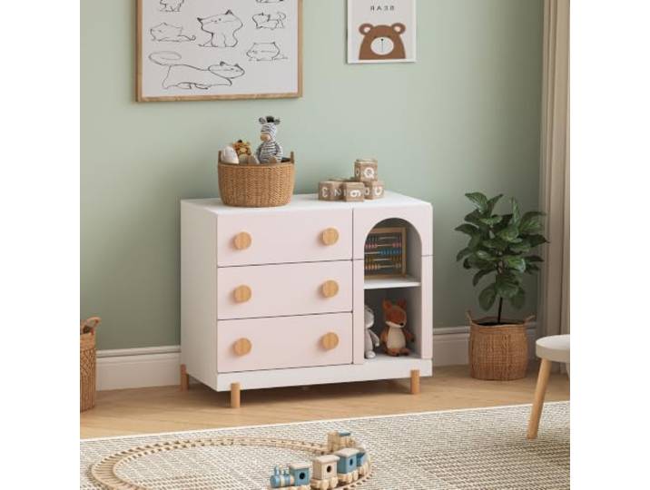 [en.casa] Kommode Kinderzimmer Vaarentaa 79x41x66 cm Cotton Candy Kinderkommode mit 3 Schubladen, 2 Fächer, Schubladenschrank, Aufbewahrung Kinderzimmer, Kinderschrank, Stauraum, Holzbeine