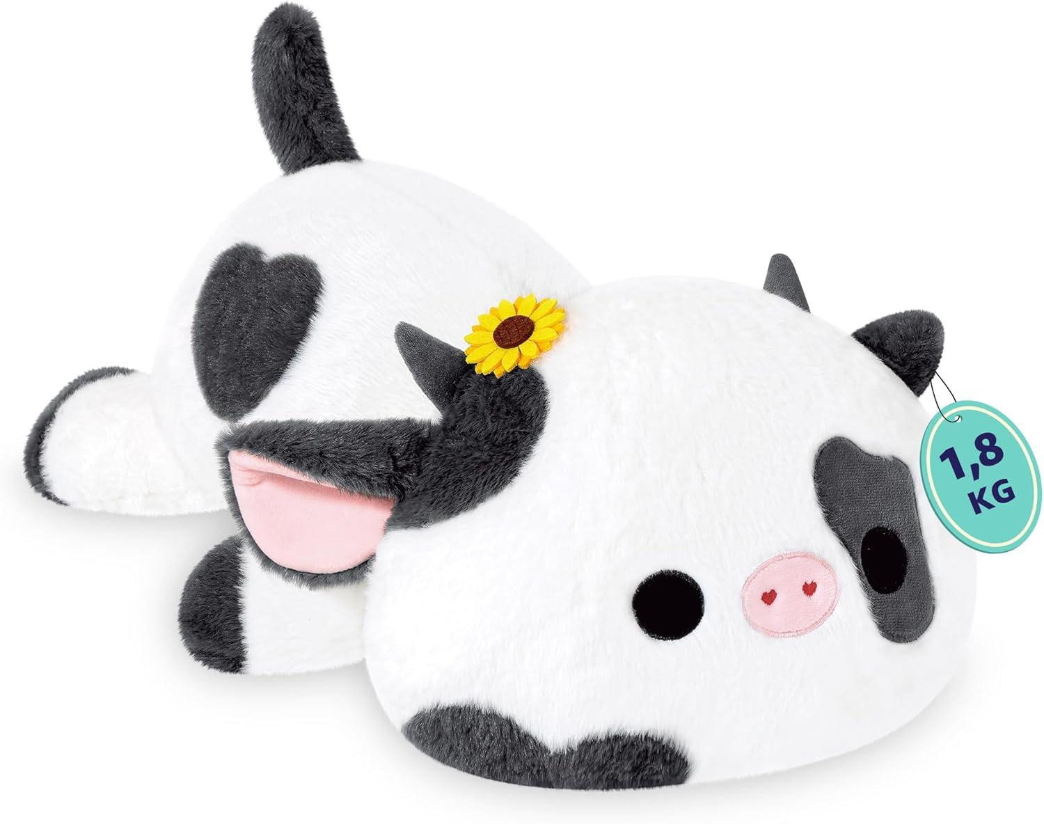 Gewogen knuffeldier koe 1.8 kg, pluche kussen 50 cm