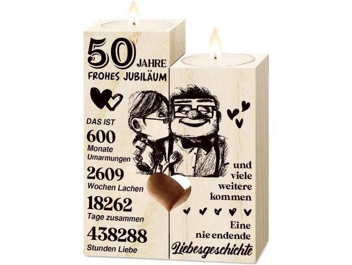Kerzenständer Holz 50. Hochzeitstag, Goldfarben, 4.5x12x9 cm, Dekoration, Kerzen & Kerzenhalter, Teelichthalter