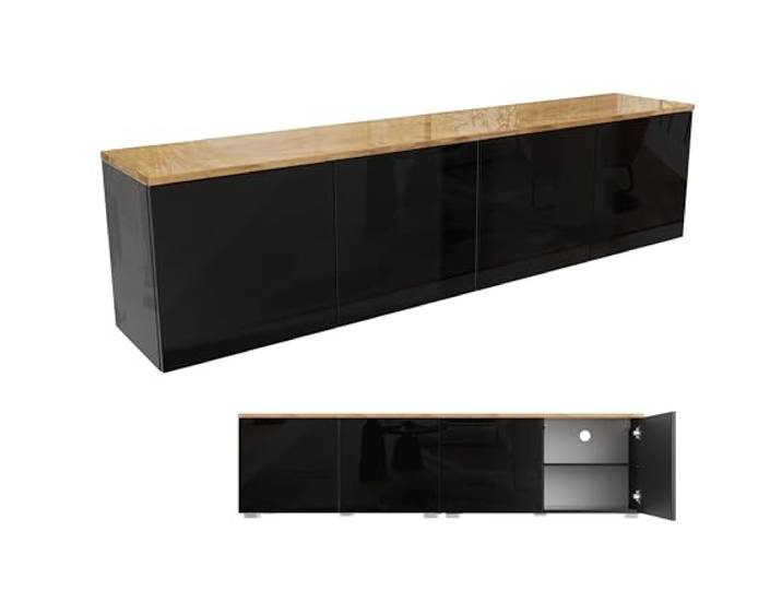 PLATAN ROOM TV Lowboard/Sideboard 90 cm breit mit Push-to -Open-Funktion Hängeschrank TV Kommode hängend oder stehend in Hochglanz oder Matt (Eiche Glanz/Schwarz Glanz, 180 (2x90) cm breit)