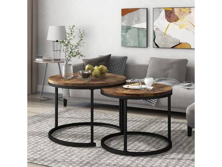 Table basse ronde Lot de 2 tables basses Salon Table d'appoint ronde emboîtée Table d'appoint ronde (Marron)