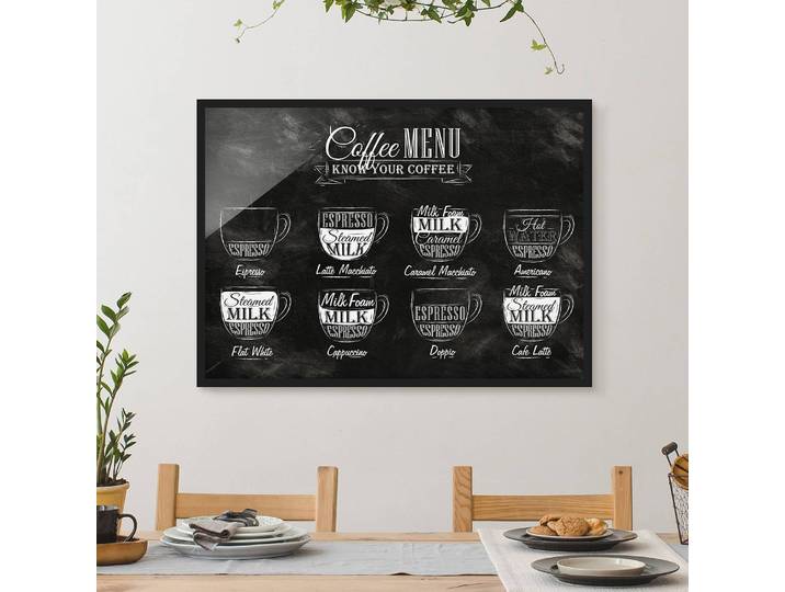 Tableau déco Les différents cafés I Papier Cadre : placage en bois véritable Pin Blanc/Noir 100 x 70cm