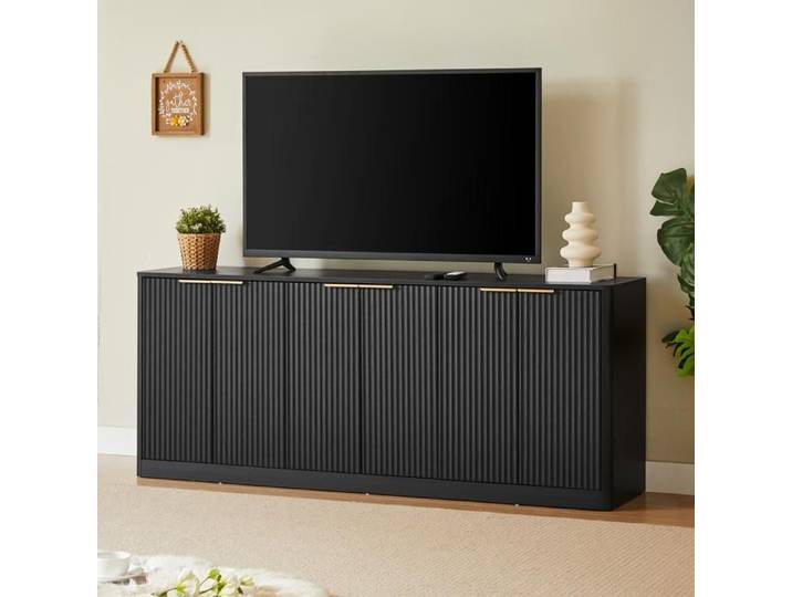 ROVRYN Buffet bas 170 cm 6 portes noir meuble TV et rangement en MDF à façades ondulées