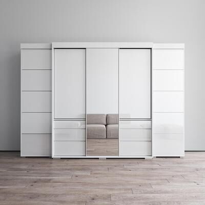 "Meble Furniture Monaco 3D-EXEX Wardrobe with Mirror, Matte Body & Glass Fronts, 117.4""W x 26""D x 82""H"