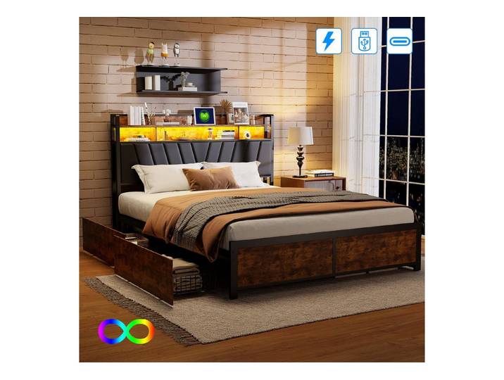 Furnishings Home Stauraumbett Doppelbett Polsterbett LED (mit 4 Schubladen), Mit LED-Beleuchtung, Stauraum, Lattenrost, 140x200 cm