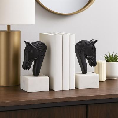 "Sagebrook Home Bookends Metal & Marble Sculpted Horse Head Design 3x3x7"" Black/White Modern Decor Black White Marble"