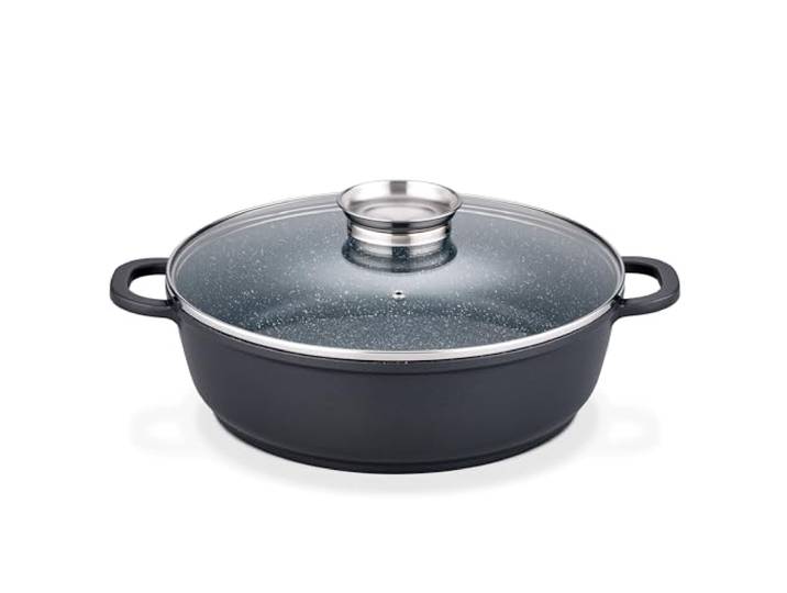 GSW Gourmet Servierpfanne aus Granit mit Aroma Glasdeckel, Pfanne Induktion mit kratzfester Antihaftbeschichtung, Bräter mit Deckel, Bratpfanne 32 cm, Schwarz