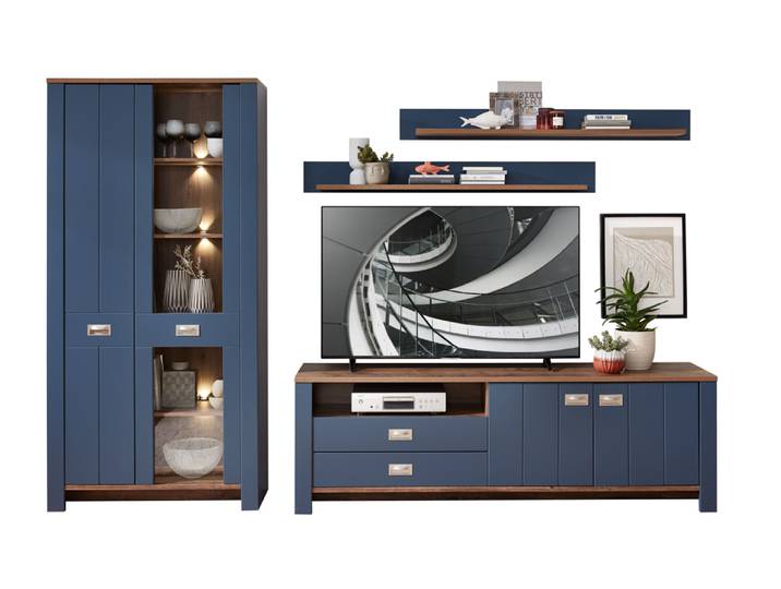Innostyle Dijon Wohnwand Holzwerkstoff Parisian Blue/Haveleiche