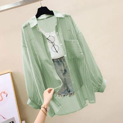 FusionFolio Summer Sunscreen Shirt Elegant Thin Chiffon Blouse Loose Top Casual Womens Cardigan Korean Harajuku Style green l