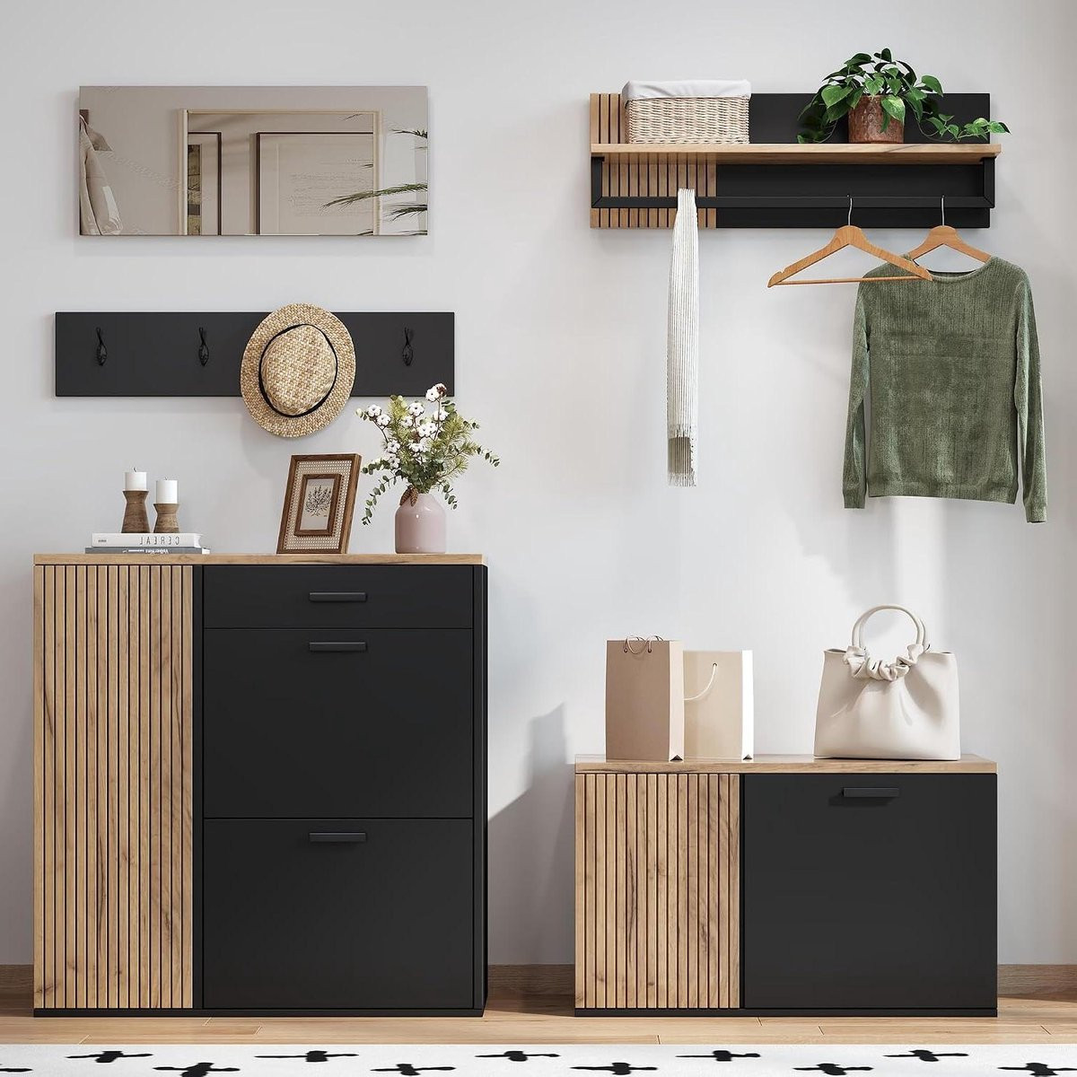 Vijfdelige Halmeubel Set met Spiegel in Houtkleur Zwart, Breedte: 85 cm