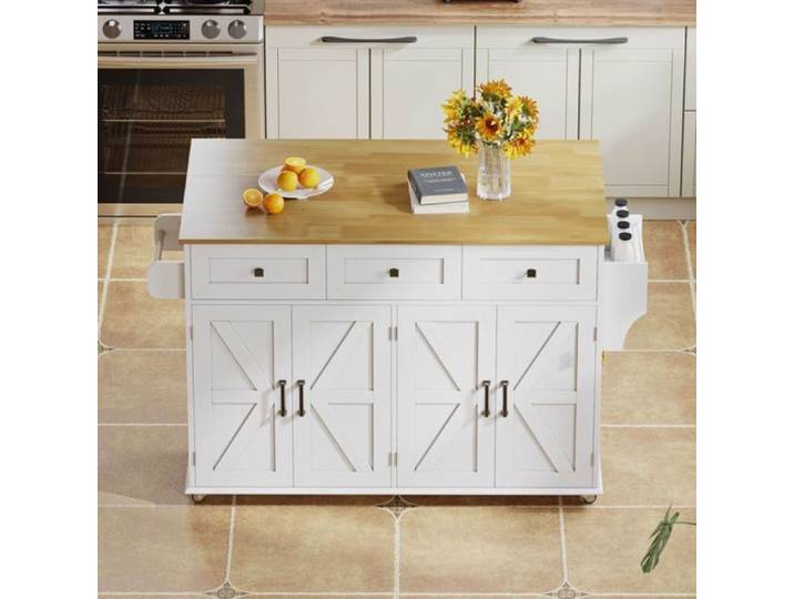 Îlot Cuisine Moderne avec Plan de Travail Pliable Chariot de Cuisine avec 4 Portes 3 Tiroirs Desserte blanc ILOT CENTRAL