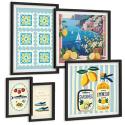 BILDER SET 5er Set - 50x50 cm & 20x30 cm & 40x60 cm Schwarzer Rahmen - Illustrationen der mediterranen Küche