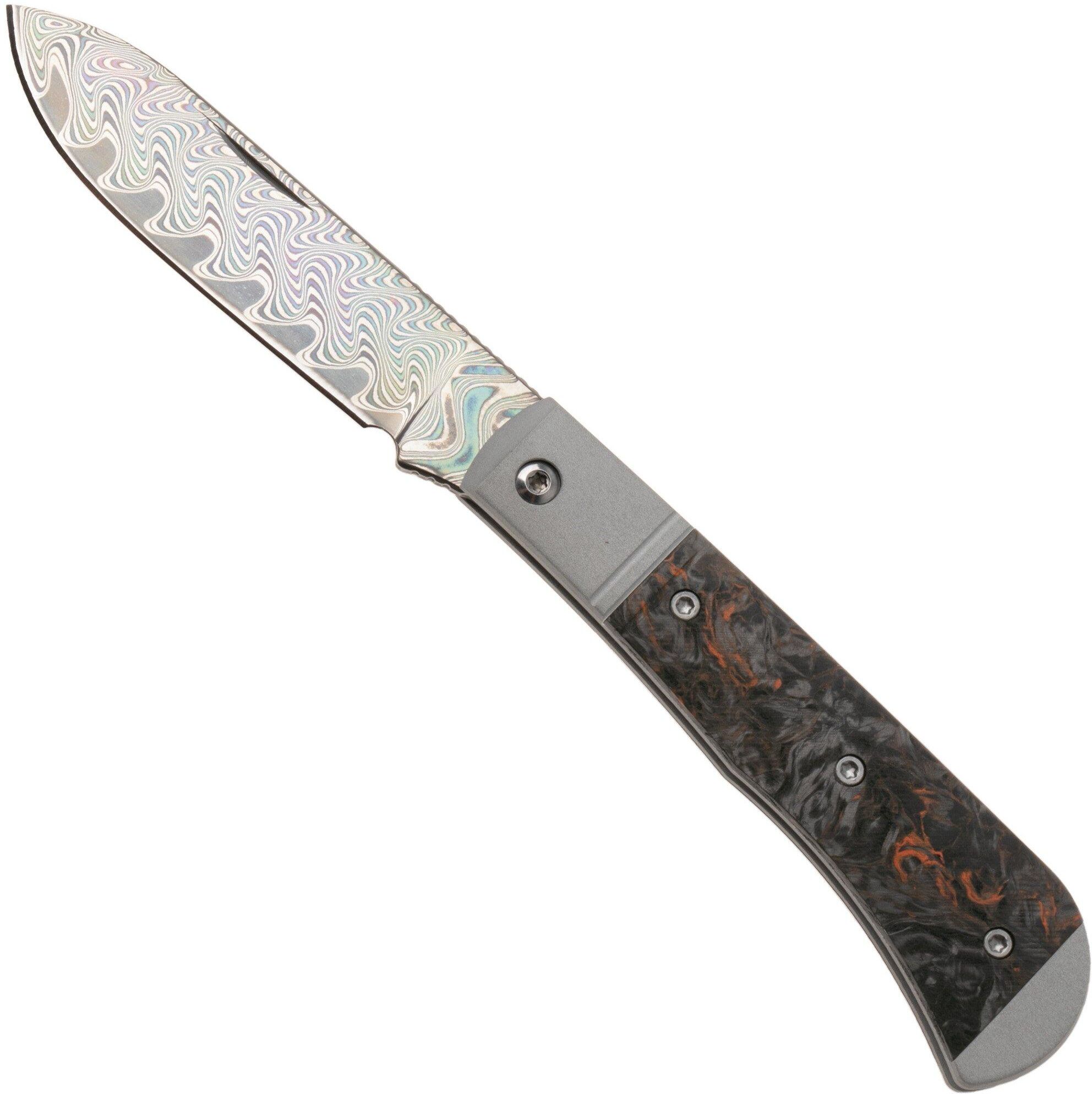 Kizer Vanguard Trestle D V3760A6 Acid-Washed Rainbow Damascus, Aluminium &amp; Orange FatCarbon, coltello da tasca, Azo design