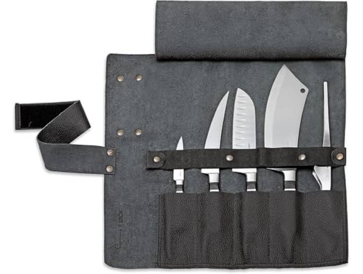 F.DICK Leder-Rolltasche 1905 (5-teilig, schwarz, Inhalt: Officemesser, Zerlegemesser, Santoku, Kochmesser, Büffet-Pinzette) 8196800-01