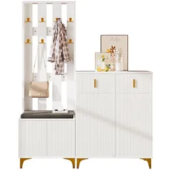 OKWISH Garderobenset mit Wellenstruktur, Schuhschrank mit 2 Türen und 2 Schubladen, Garderobe mit goldenen Haken, weiß, 60x35x180 cm und 83x35x101 cm