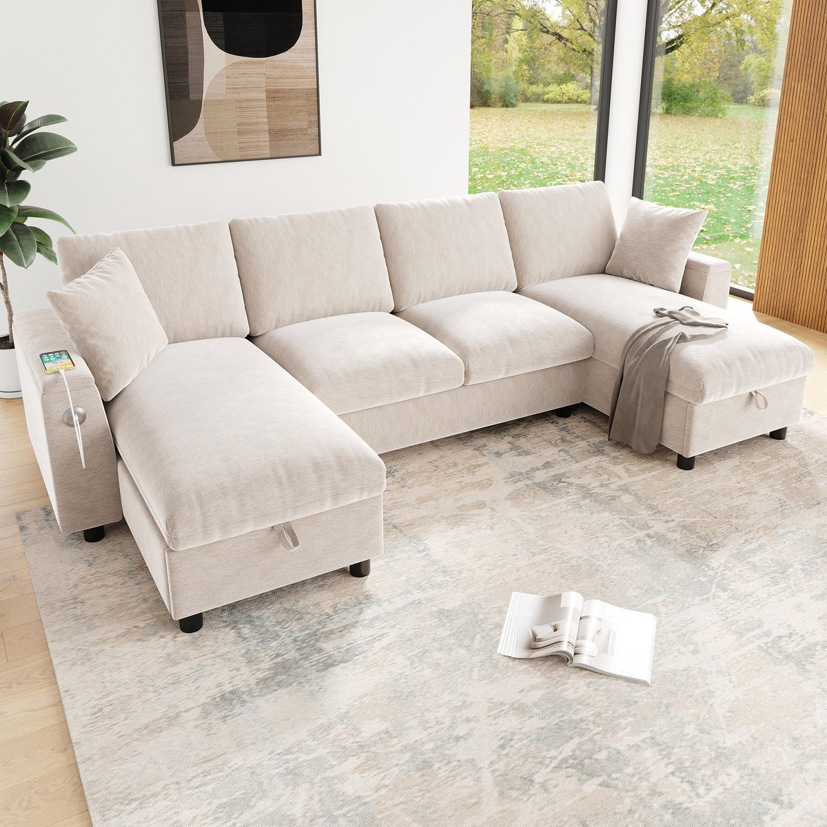 HAUSS SPOLE U-Bank Royale Loungebank met opbergruimte en USB-laadpoort - Beige Chenille - U-vormig