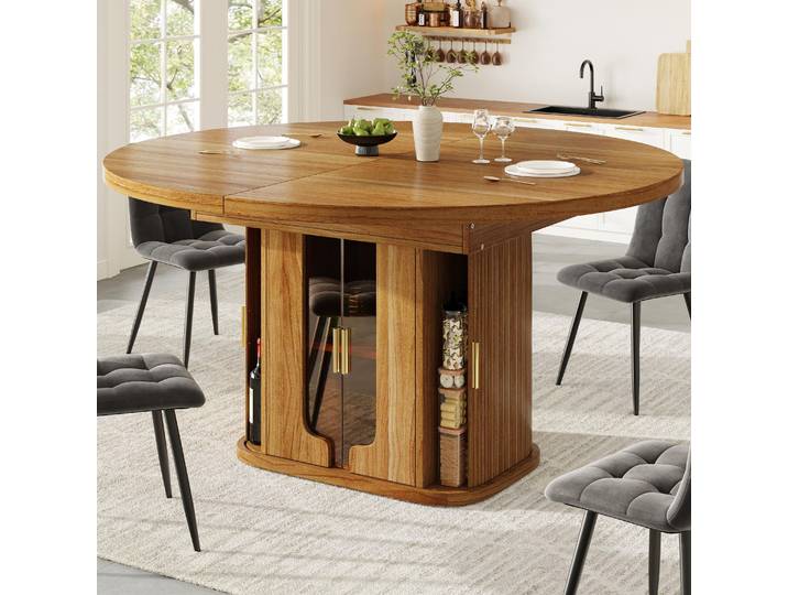 okwish Esstisch Ausziehbar Esszimmertisch mit Teleskopfunktion und Stauraum Glaselemente mit Glastüren Für Essbereich und Wohnzimmer Nussbaum