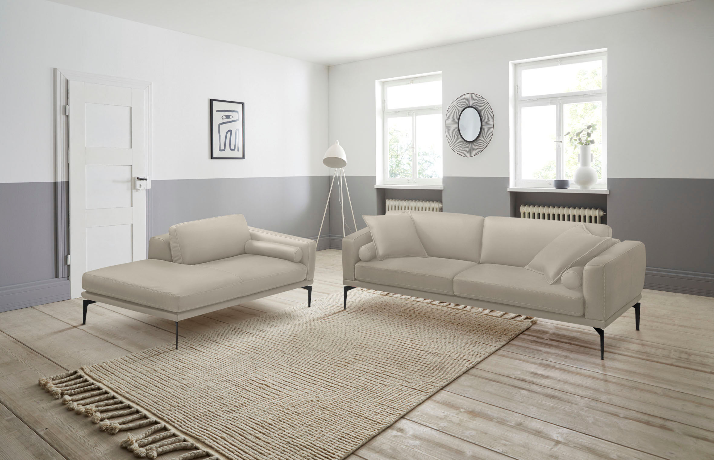 Polstergarnitur EGOITALIANO "Masu, Design trifft sensationellen Sitzkomfort", grau (perlgrau), H:95cm T:97cm, Leder CAREZZA (echtes Rindsleder) ist ein Naturleder, dass die ursprünglichen Eigenschaften der Haut nicht verändert. Das Vorhandensein von verhe