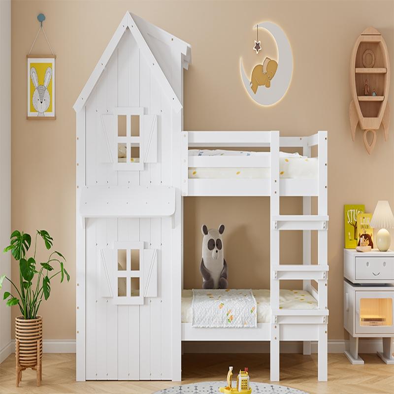 Etagenbett 90x200 cm Weiß aus Kiefer, MDF, Sperrholz mit Dach, Fenstern und seitlichen Sicherheitsgeländern für Kinderzimmer