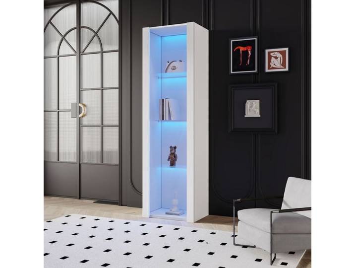 Vitrine - ZEVKOR - 55×38×166 cm - Blanc brillant - LED intégrée - 3 étagères en verre