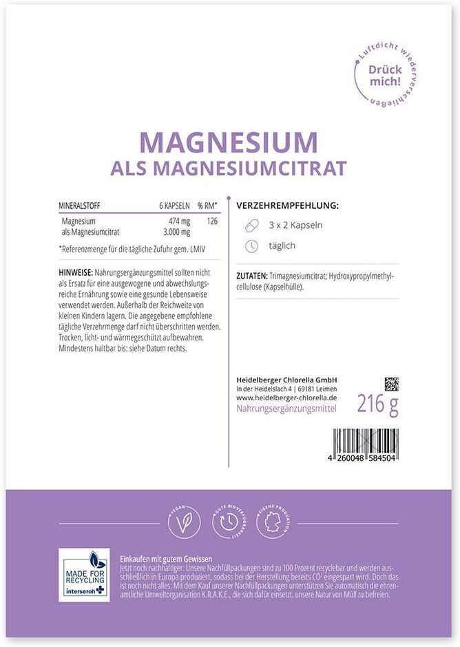 Heidelberger Chlorella Magnesium ALS Magnesiumcitrat Kapseln 2x 2x216 g