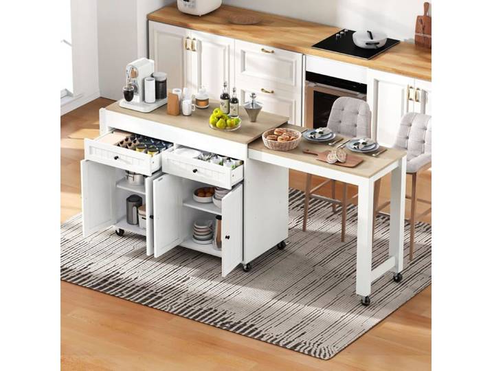 Îlot de Cuisine Mobile Pivotant à 360° avec Plan de Travail et Deux Tiroirs - Côtés Extensibles - Sept roulettes - (Natural+blanc)