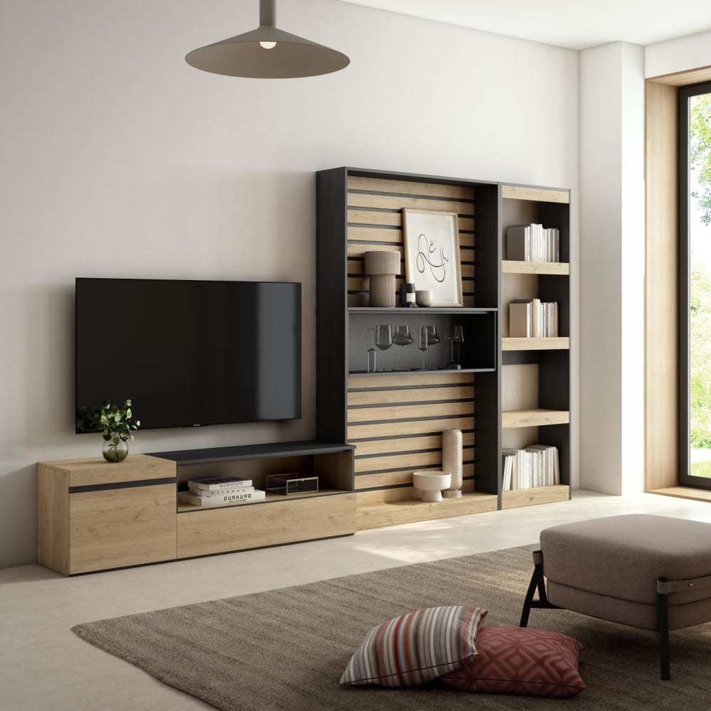 Skraut home Muebles de salón para tv efecto madera roble y negro 320x35x186cm
