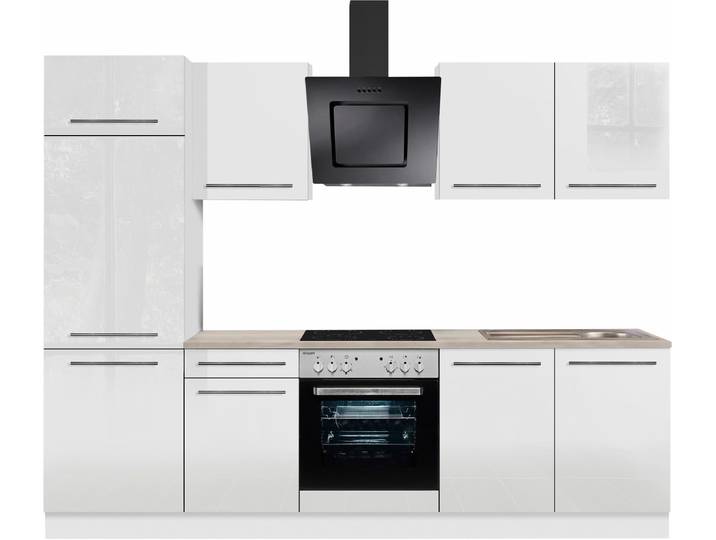 Küchenzeile, Spanplatte, Weiß Hochglanz, 270×60 cm, Mit E-Geräten, OPTIFIT Bern