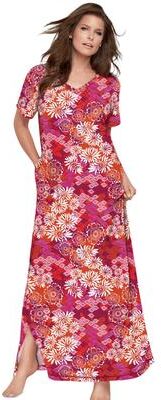 Plus Size Women's V-Neck Short Sleeve Maxi T-Shirt Lounger by Dreams & Co. in Pomegranate Floral (Size S)