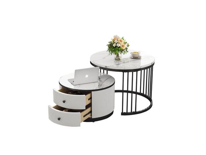 Redom Couchtisch-Set, Mdf, hochglänzende Marmoroptik, 2 Schubladen, 60/60/45,5 + 50/50/32 cm, Weiß, Weiß, Schwarz, 60x45.5x60 cm, Wohnzimmer, Wohnzimmertische, Couchtische